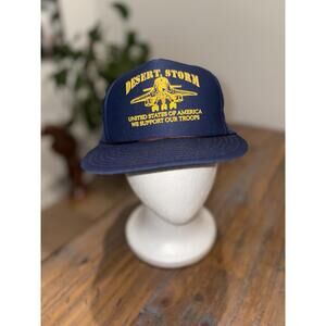 Vtg Desert Storm Snapback Hat Cap Jet Support Our Troops Trucker Mesh Foam USA